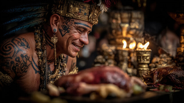 Maya Aztec civilization, Mexico culture. Mysterious, fantasy. A vivid portrayal of a man with intricate tribal tattoos, wearing a crown adorned with feathers and adorned with ornate jewelry.