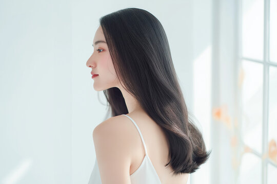 日本人, 女性, 10代, 20代, 後ろ姿, ヘアケア, 美肌, 黒髪, ロングヘア, 白背景, スキンケア, 背中, 振り返る, 透明感, 清潔感, 爽やか, ポートレート, キャミソール, 白, 輝き, 素肌, 美容, ナチュラル, 健康的, ライフスタイル, 1人, 切り抜き, コピースペース, 広告素材, 基礎化粧品, 若い, z世代, 清楚, 髪, ツヤ髪, サロン, 美容室, ボディ