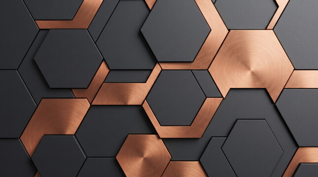 Seamless hexagonal pattern with copper and black metallic tiles in modern style