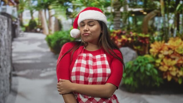 Woman wearing santa hat and red gingham apron, arms crossed holding elbow while gazing sideways in studio holiday set; playful holiday mood.