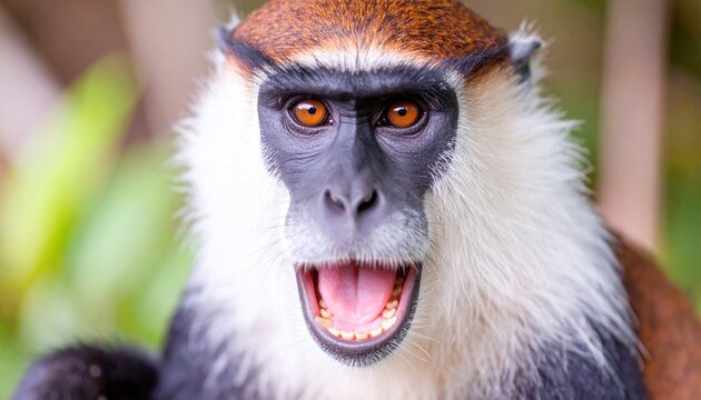 Close-up of a Cercopithecus erythrotis monkey with an open mouth.