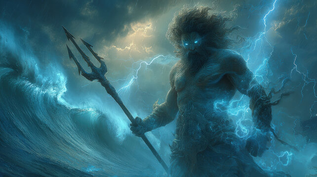 Greek mythology sea god Poseidon. Fantasy. A vivid portrayal of a mythical creature, likely a trident or trident, set against a turbulent sea. The creature is depicted in a dynamic pose.