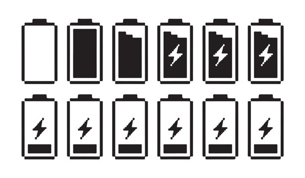 Vector set of vertical pixelated battery icons showing various levels of power and charging status.