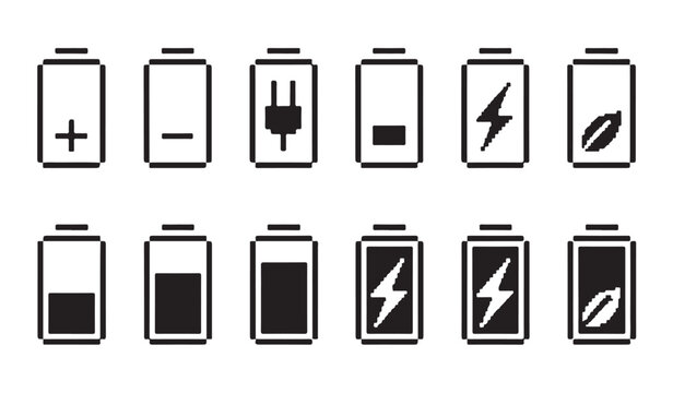 Set of various battery icons in pixelated style including plug leaf and plus minus indicators.