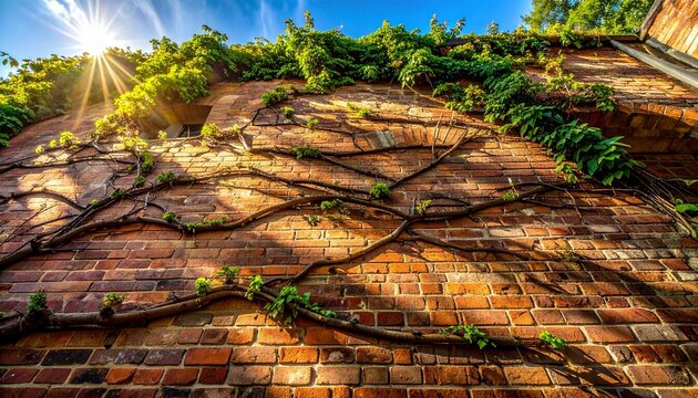Ivy vines with organic flowing lines on a rustic brick wall