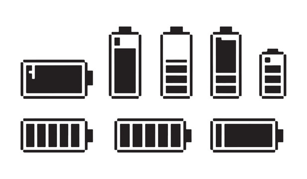 Abstract pixel battery set with different shapes and loading bars for diverse user interfaces.