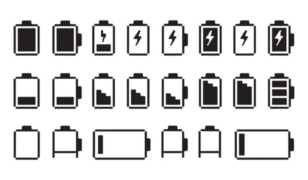 Collection of vertical battery status icons in pixel art style for electronic devices and ui.