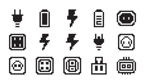Pixel art icon set featuring various electric plugs and sockets for home appliance connection.