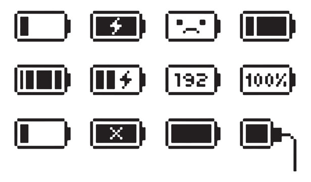 Pixel art battery set with different charging levels and states isolated on transparent background.