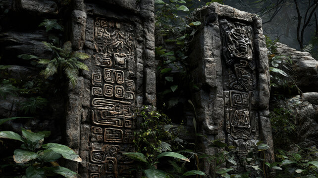 Lost civilization. Fantasy. A vivid portrayal of ancient Mayan hieroglyphics carved into weathered stone structures in a dense jungle. The stone carvings are intricately detailed, featuring symbols.