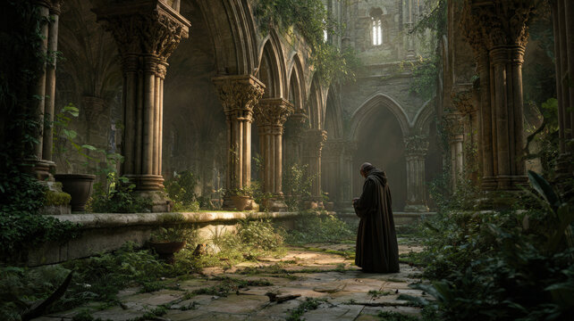 Europe medieval lifestyle. A detailed, atmospheric portrayal of an old, Gothicstyle cathedral. The main subject is a solitary figure, dressed in a long, dark robe, standing in the center of the image.