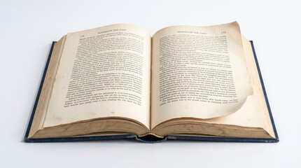 Fototapeta premium An antique, open book with aged pages displaying dense text, resting on a clean white surface, suggesting knowledge and history