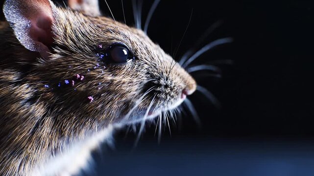 Close up of a small brown mouse with glitter on its face and whiskers, looking to the side with a dark background