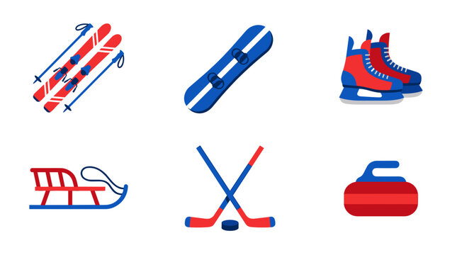 Winter Sports Equipment Icons Set Ski Snowboard Ice Skates Sledge Hockey Curling Stone Transparent Background