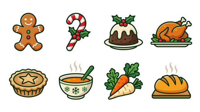 Christmas Food Icons Gingerbread Man Candy Cane Pudding Turkey Pie Soup Carrot Bread Transparent Background