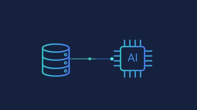 Animated motion graphics showing a document or file icon connecting to an AI processor chip. Concept of artificial intelligence reading text, machine learning analysis, and digital paperwork