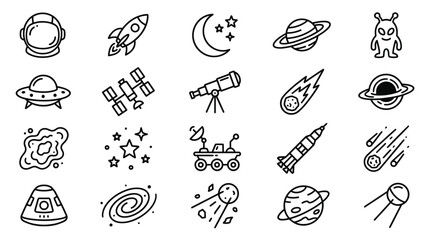 space icons set with planets stars rockets and aliens © Thamseer