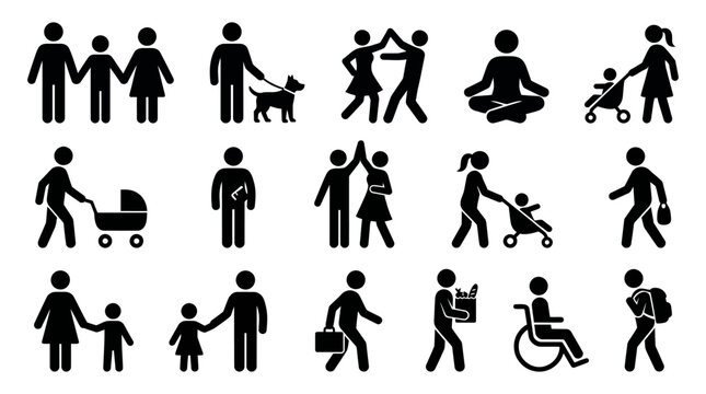 Black silhouette icons of people in various activities and relationships