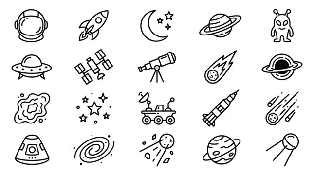 space icons set with planets stars rockets and aliens