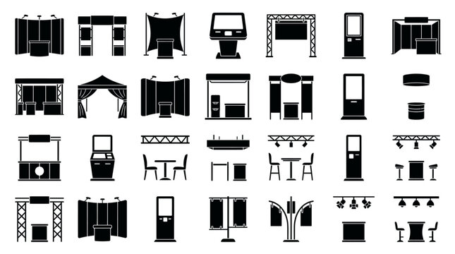 Black and white exhibition booth icons set for trade show events