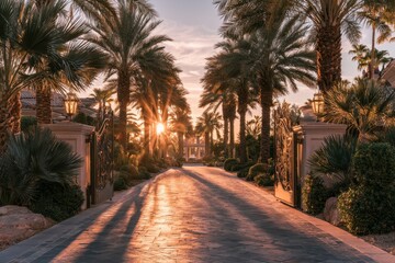 Fototapeta premium Palm tree lined driveway leading to an ornate gate at sunset with a brilliant sun flare for luxury property and hospitality marketing