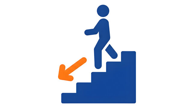 Person icon walking down stairs with an arrow pointing down movement down downwards direction movement progress illustration information navigation transport sequence building entrance