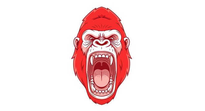 Furious Red Gorilla Head Roaring Aggressively, White Background, Fierce Animal Portrait