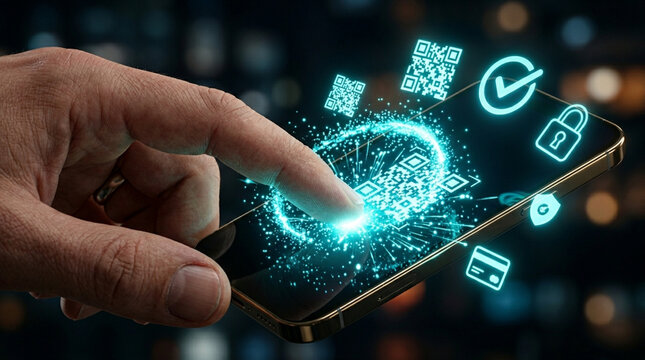 Close-up of a human hand touching a smartphone screen with glowing blue holographic icons for QR code scanning, secure digital payment, cybersecurity lock, and verification checkmark.