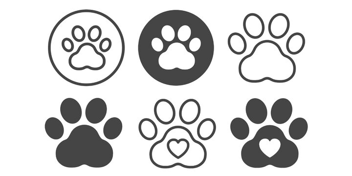 Paw Footprint Icon Set, Cute Dog and Cat Animal Track Icons with Heart Symbol in Solid and Line Style for UI Design, Web and Interface