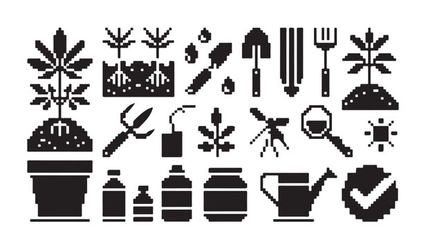 Cannabis plant icons farming tools watering can and for marijuana growing technology.