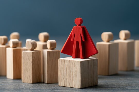 Heroic Leader Stands Tall: A singular red figurine, donned with a cape, stands elevated on a wooden block, symbolizing leadership and prominence among a surrounding group of unadorned wooden figures.