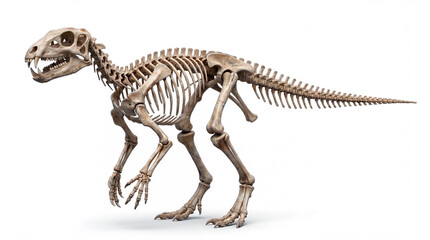 Fototapeta premium Photorealistic Heterodontosaurus tucki full skeleton, isolated on white background, showing complete skeletal anatomy, detailed bones, and scientifically accurate paleontological reconstruction.