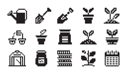 Set of pixel art gardening icons including watering cans shovels and potted sprout plants. © VANU