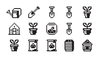 Pixel art gardening equipment icons including watering cans shovels greenhouses and pots. © VANU