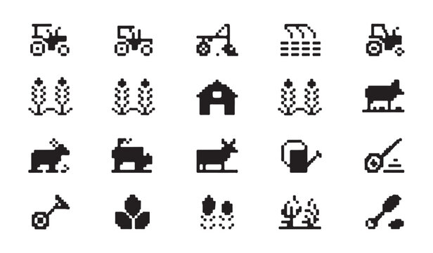 Farm pixel art icons set. retro game style farming graphic elements with transparency.