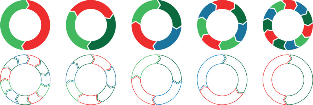 Circle pie chart. 2,3,4,5,6,7,8,9,10,11,12 sections or steps. Circle icons for infographic, UI, web design, business presentation. Vector illustration.