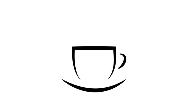 Black coffee cup line art animation on white background. Minimalist hot tea or coffee mug icon with steam for cafe video overlays and design.