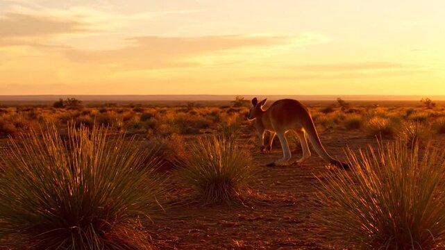 Kangaroo silhouetted against a vibrant Australian sunset in the outback.