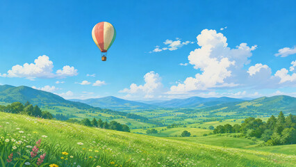 Naklejka premium Vibrant Green Hills Landscape with Hot Air Balloon in Blue Sky, Digital Painting