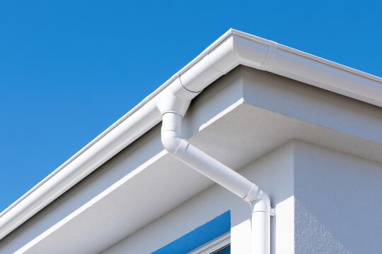 White roof gutter system installed on a modern residential house corner under a clear blue sky with sharp focus for home maintenance marketing