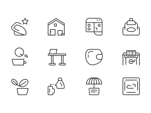 Collection of thin line icons representing everyday objects and activities such as ironing a shirt a house a computer interface and a beverage