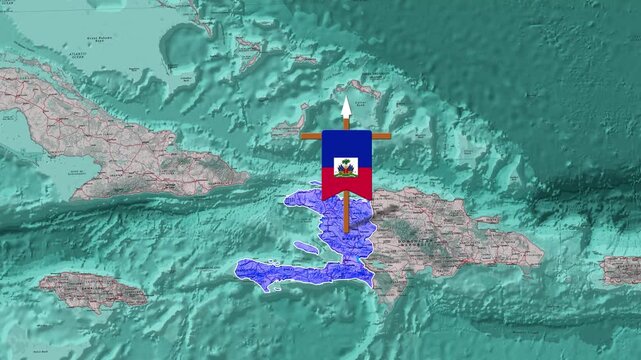 The Haitian flag waving over a detailed map of Haiti and the surrounding Caribbean islands
