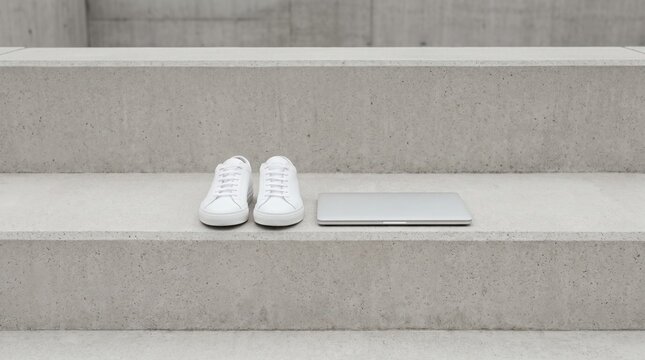 Laptop and sneakers on concrete steps