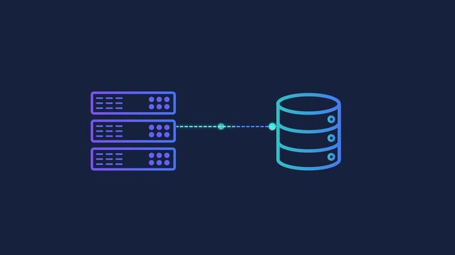 Animated motion graphics showing a server rack array connecting to a database cylinder icon via a steady line. Concept of server data backup, local hosting, and mainframe storage architecture