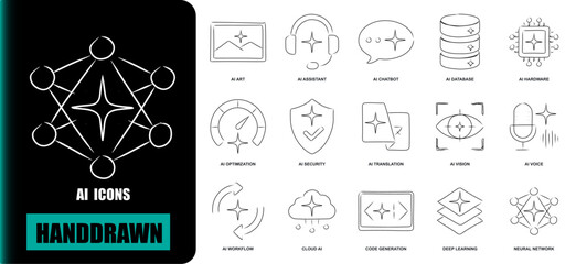 Fototapeta premium Hand-drawn Artificial Intelligence Doodle Icons. Sketch Style Machine Learning and Tech Outline Vector Set.