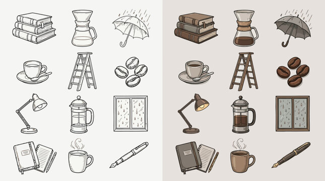 Cozy Autumn Reading and Coffee Break Icons Set.