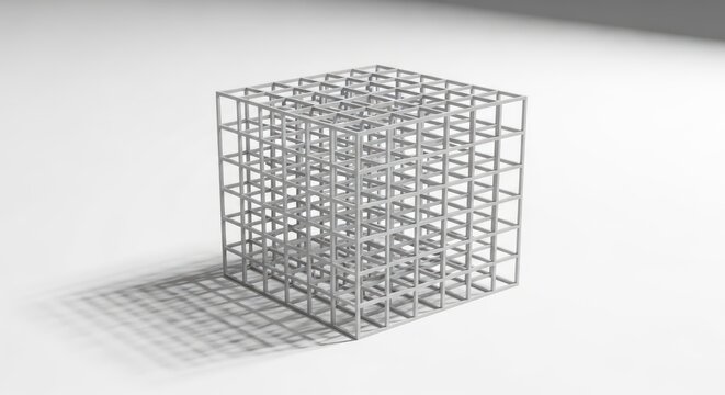 3D silver wireframe cube structure on white background.