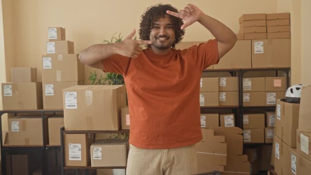 Man, young indian small business owner holding a cardboard box with open arms and smiling in a parcel packed building; small business pride.