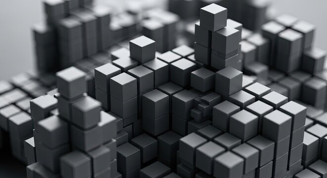 Abstract 3D composition of varying grey geometric blocks.