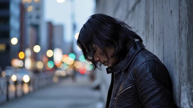 Thoughtful Man Portrait of a long haired man in black leather jacket leaning against concrete city wall at dusk, looking away with moody urban bokeh lights and quiet introspective street mood
